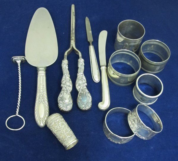 Pie Knife with Sterling Handle & Stainless Blade,: Pie Knife with Sterling Handle & Stainless Blade, Steiff Sterling Silver Butter Knife w/ Stainless Blade, Hollow Handle Dough Cutter, Emory Board w/ Sterling Handle, 6 Napkin Rings, 1 Ornately Engrave