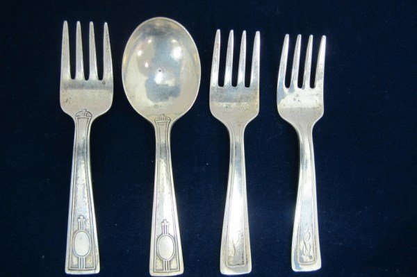 Sterling Silver W.L. Baby Fork and Baby Spoon and 2: Sterling Silver W.L. Baby Fork and Baby Spoon and 2 R.M. Baby Forks, 1 TroyOz.