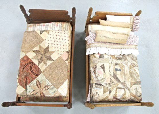 Pair of Antique Doll Beds with Mattress' and Bedding 25: Pair of Antique Doll Beds with Mattress' and Bedding 25 3/4" x 15 1/2"