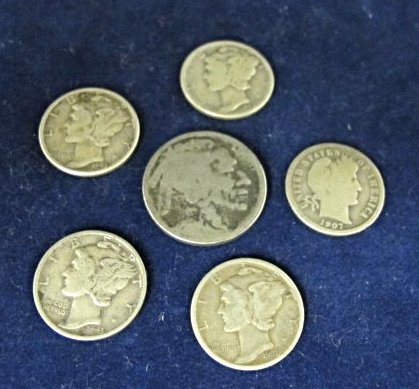 Miscellaneous Lot of 5 Mercury Dimes, 1 Buffalo Nickel: Miscellaneous Lot of 5 Mercury Dimes, 1 Buffalo Nickel & 2 Foreign Coins