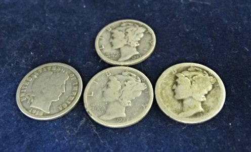 Lot of 3 Mercury Dimes & 1 Barber Dime: Lot of 3 Mercury Dimes & 1 Barber Dime
