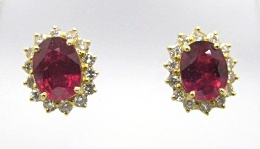 18K Yellow Gold Ruby & Diamond Earrings: 18K Yellow Gold Ruby & Diamond Earrings Containing 2 Oval Cut Rubies=5.65cts., 28Br=1.12cts.