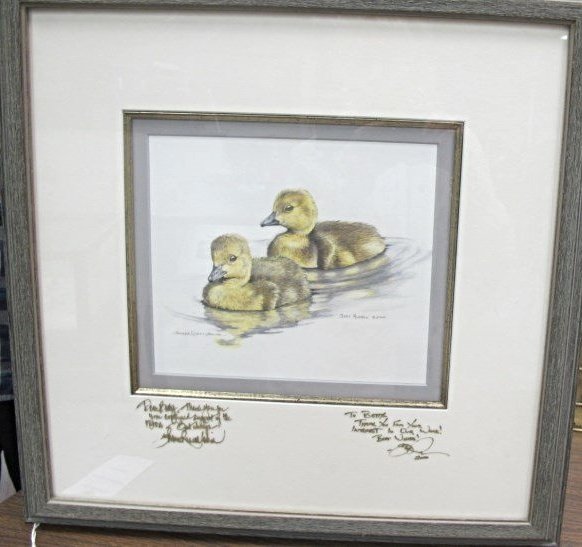 Framed Watercolor of Duck Chicks by Sherrie Meline and: Framed Watercolor of Duck Chicks by Sherrie Meline and Scott Russell, 8"x9", Signed and Dated. Autographed by Both Artists. Sherrie Russell Meline’s talent has been apparent and acknowledged since s