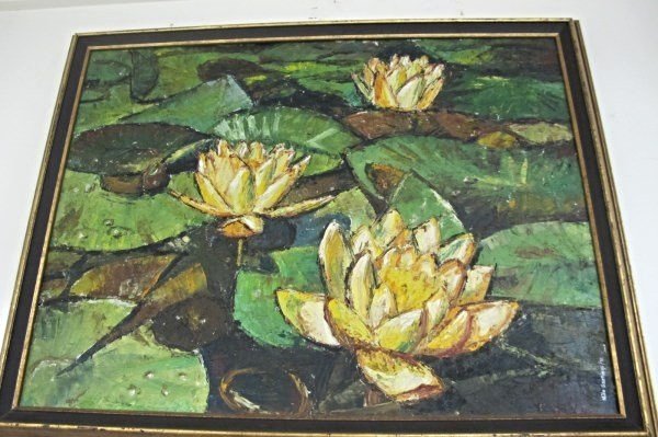 Water Lillies by Nilo M. Santiago (20th Century, Born: Water Lillies by Nilo M. Santiago (20th Century, Born in the Philippines, immigrated to USA), Signed Lower Right and Dated 1970. 21"x27", Modern Carved Gesso and Painted Frame. Nilo has been a constan