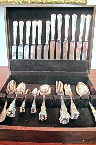 Sheffield Silver Plated Flatware Set: Sheffield Silver Plated Flatware Set to Include: 6 Dinner Forks, 6 Dinner Knives, 6 Luncheon Forks, 6 Luncheon Knives, 6 Cream Soup Spoons, 12 Tea Spoons, 6 Tablespoons, 2 Serving Spoons and 1 Salad F