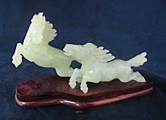 Chinese Jade Figurine of Two Horses on Rosewood Stand: Chinese Jade Figurine of Two Horses on Rosewood Stand 7 1/2" x 3 1/2"