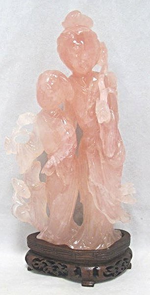 Chinese Carved Rose Quartz Figurine: Chinese Carved Rose Quartz Figurine, 8" tall with Stand, 7" without Stand