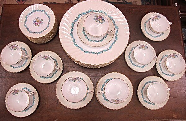 Set of Mintons, Ardmore Pattern Partial Dinner Set: Set of Mintons, Ardmore Pattern, Porcelain Blue Leaf Design Dinner Set to Include: 12 Dinner Plates, 12 Bread Plates, 12 Cups and 12 Saucers