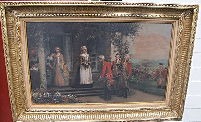 Genre Painting by Jennie Augusta Brownscombe 1850-1936: British Soldiers Confronting American Women by Jennie Augusta Brownscombe (1850 - 1936), Oil on Canvas in Glass Frame, Framed 36"x24 1/2", Unframed 28 1/2"x17". Born in Honesdale, Pennsylvania, Jennie