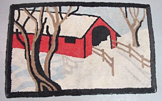 Hooked Rug in the Design of a Snow Covered Barn,: Hooked Rug in the Design of a Snow Covered Barn, 35"x22"