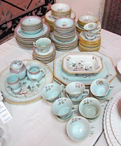 Adams Calyx Ware, Ming Jade English Ironstone China: Adams Calyx Ware, Ming Jade English Ironstone China Est. 1657 Dinner Set to Include: 12 Dinner Plates, 12 Salad Plates, 7 Bowls, 9 Bread/Dessert Plates, 8 Cups, 8 Saucers, Sugar, Creamer, Egg Cup, Rou