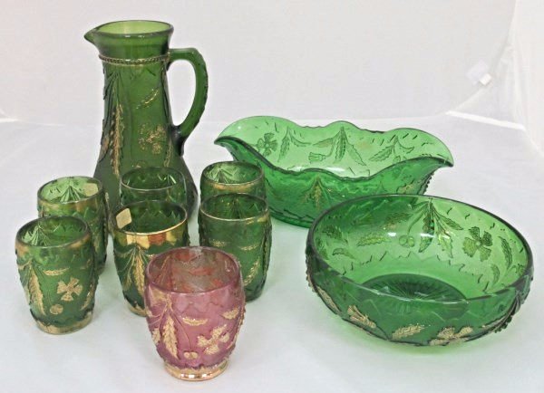 Collection of Emerald Green Delaware Glass: Delaware Glass Emerald Green Pitcher with 6 Glasses and Delaware Glass Emerald Green Round Bowl, Oval Scalloped Bowl and Delaware Cranberry Glass