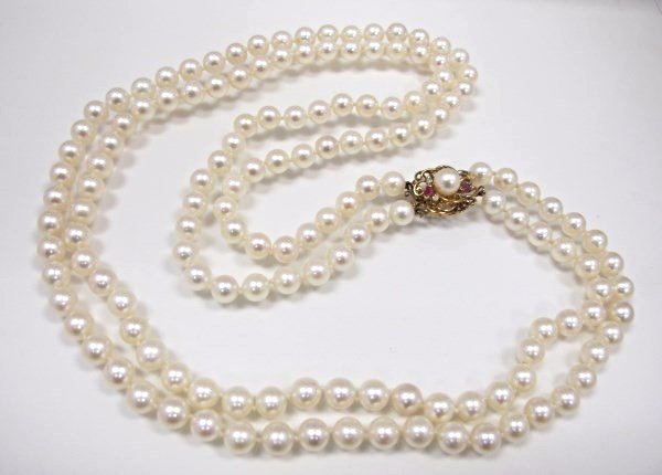 14K Yellow Gold Pink Sapphire & Diamond Double Strand: 14K Yellow Gold Pink Sapphire & Diamond Double Strand Pearl Necklace approx. 7x7 1/2mm