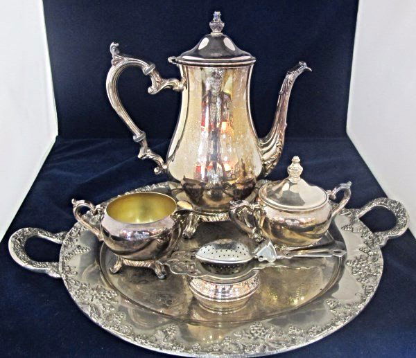 Silver Plated Tea Set Including: Tea Pot, Sugar,: Silver Plated Tea Set Including: Tea Pot, Sugar, Creamer, 3 Assorted Tea Strainers and Tray