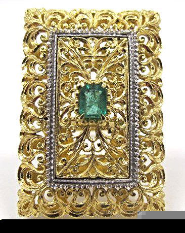 Vintage Toliro 18K Emerald Filigree Ring: Vintage Toliro 18K Yellow Gold & White Gold Filigree Natural Emerald Ring Containing One Emerald Cut Emerald=approx .27cts., 7.68dwt, Stamped Toliro Jewelers Italy