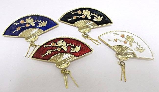 Four (4) Chinese Gold Tone Cloisonne Fan Pins: Four (4) Chinese Gold Tone Cloisonne Fan Pins