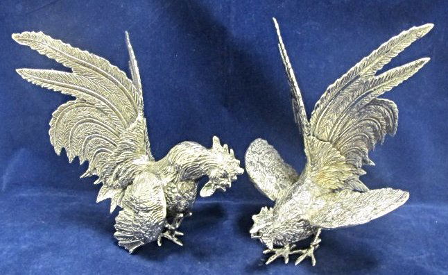 Pair of Silver Plated Large Fighting Cocks by Roberto (1 of 2)