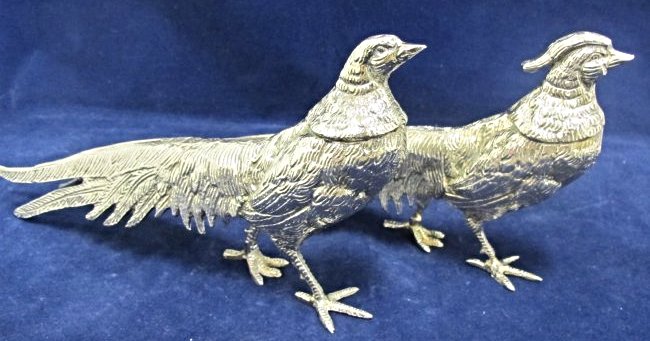 Pair of Silver Plated Large Pheasants by Roberto Rossi,: Pair of Silver Plated Large Pheasants by Roberto Rossi, Italy