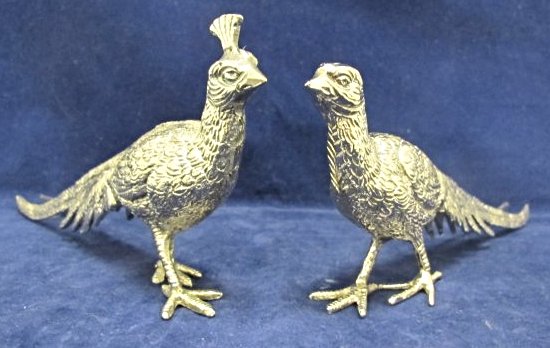 Pair of Silver Plated Small Pheasants by Roberto Rossi,: Pair of Silver Plated Small Pheasants by Roberto Rossi, Italy