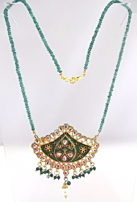 22K on Sterling Emerald Bead with Enamel & Pearl Neck (1 of 4)