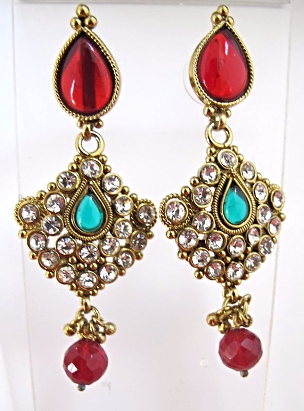 22K on Sterling Silver White, Red & Green Stone Earr: 22K on Sterling Silver White, Red & Green Stone Earrings, 3" long, Taj Mahal Collection, India