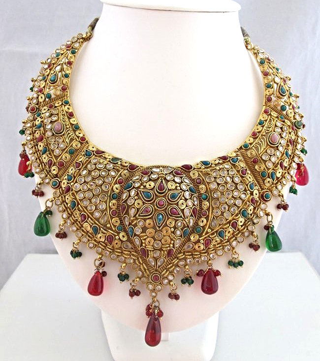 22K on Sterling Silver Collar Necklace Emerald, Ruby, (1 of 3)