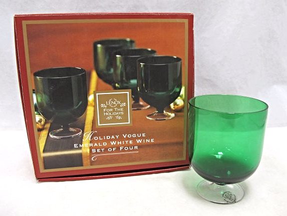 Set of Four (4) Lenox Holiday Vogue Emerald White Wine: Set of Four (4) Lenox Holiday Vogue Emerald White Wine 8oz. Glasses, in Original Box