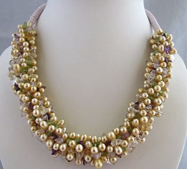 Golden Freshwater Pearl, Amethyst, Peridot & Quartz: Golden Freshwater Pearl, Amethyst, Peridot & Quartz Beaded Necklace on Fabric Chain