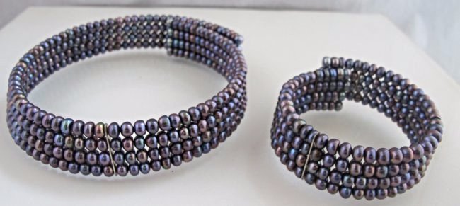 Four Strand Black Freshwater Pearl Cuff Necklace & Brac: Four Strand Black Freshwater Pearl Cuff Necklace with Matching Bracelet