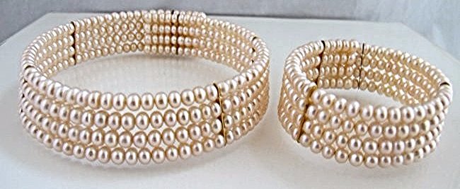 Four Strand Pink Freshwater Pearl Cuff Necklace with: Four Strand Pink Freshwater Pearl Cuff Necklace with Matching Bracelet