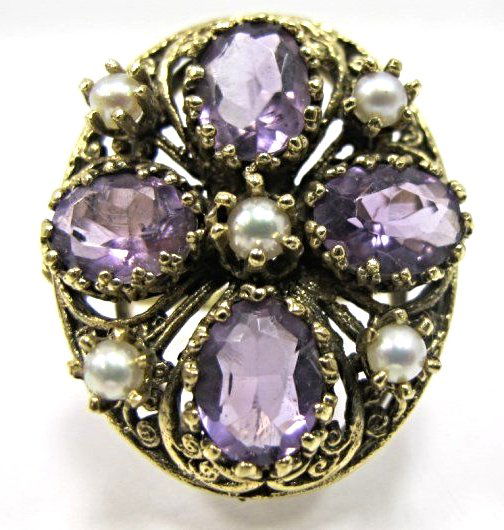Vintage 14K Yellow Gold Amethyst & Pearl Ring, Size 8 (1 of 3)