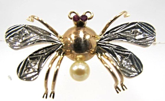 Platinum & 18K Yellow Gold Ruby, Diamond & Pearl Bee (1 of 2)