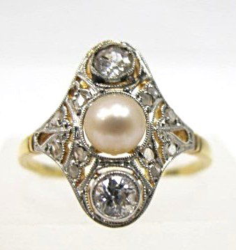 Antique 18K & Platinum Old Mine Diamond and Pearl Ring, (1 of 3)