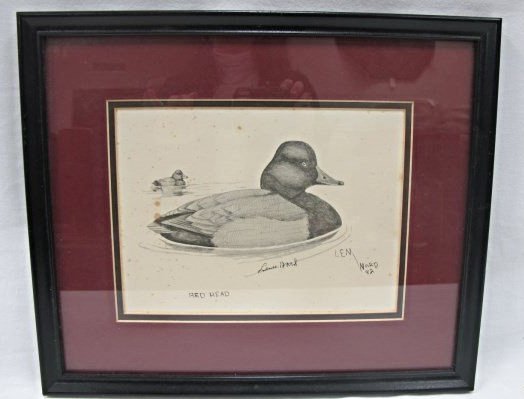 Original Framed Sketch of Redhead Duck by Len Ward, (1 of 3)