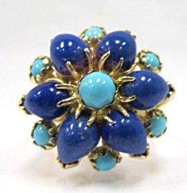 14K Yellow Gold Turquoise & Lapis Ring, Size 6 3/4 (1 of 2)