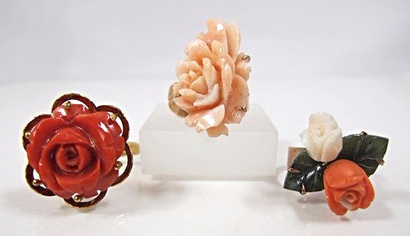 Collection of (3) Carved Coral & Gold Flower Rings (1 of 3)