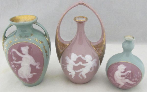 Pate-Sur-Pate Heubach Art Nouveau Porcelain Vases 3: Pate-Sur-Pate Heubach Art Nouveau Porcelain Vases 3 1/2", 4 3/4" and 5", Germany, Excellent Condition