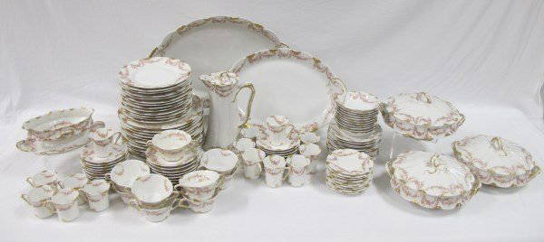 Theodore Haviland Limoges Dinner Set to Include: 12: Theodore Haviland Limoges Dinner Set to Include: 12 Dinner Plates, 13 Salad Plates, 12 Dessert/Bread Plates, 11 Berry Bowls, 9 Boullion Bowls w/ 11 Saucers, Hot Chocolate Pot w/ 9 Cups & 12 Saucers,