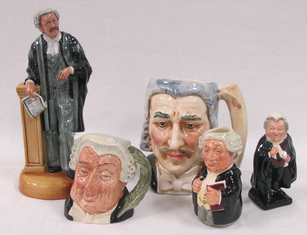 Collection of Royal Doulton Lawyers to Include The: Collection of Royal Doulton Lawyers to Include The Lawyer Miniature Toby Mug #D6504, Large Toby (no name), Mr. Litigate The Lawyer #D6699 The Doultonville Collection, The Lawyer #HN3041 and Buzfuz