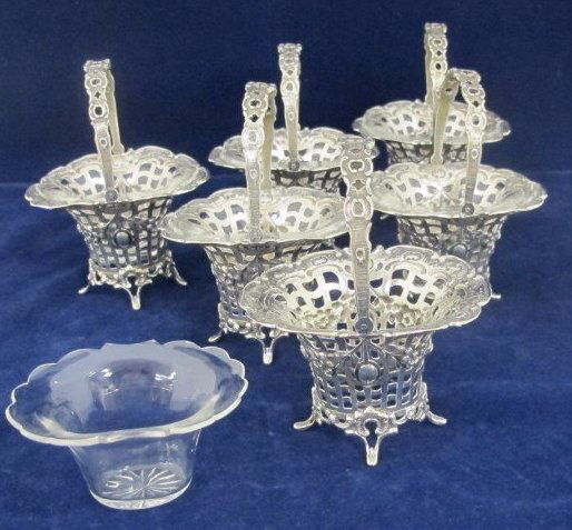Set of Six German Silver Sweetmeat Baskets with Glass (1 of 3)