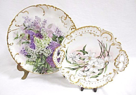 H & Co. France Hand Painted 12 1/2" Lilac Plate Limoges: H & Co. France Hand Painted 12 1/2" Lilac Plate Signed on Back M. McDevitt Sunbury, 1893 and Limoges A & L France 10" Hand Painted White Lily Plate with Handles, Signed McD 1894