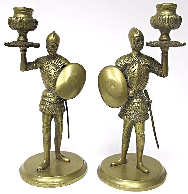 Pair Brass Figural Candlesticks, Standing Knights (1 of 1)