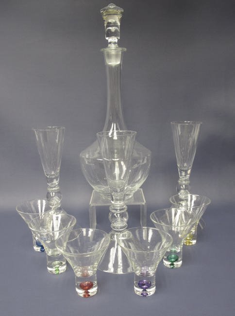 Collection of Romanian Crystal to Include Decanter with: Collection of Romanian Crystal to Include Decanter with 6 Color Cordials: Red, Purple, Emerald Green, Lime Green, Yellow & Blue and 3 Martini/Wine Glasses