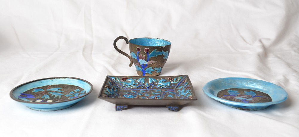 4 REPUBLIC ENAMELED PIECES: Includes a small tea cup and saucer, a small plate and a small dish, all impressed China. Longest piece 3.3.75".