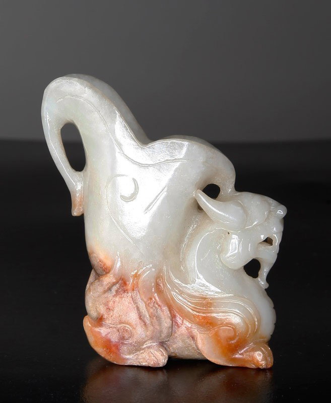 CHINESE HAN DYNASTY STYLE JADE CUP: Carved foo dog with floral cup with extending petal acting as dogs tail. 2.75" H.