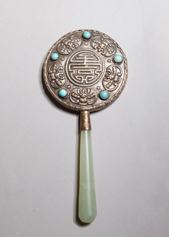 CHINESE JADEITE HANDLED MIRROR: Back of mirror with symbol, bats and turquoise beads, with carved jadeite handle. 5.875" L.