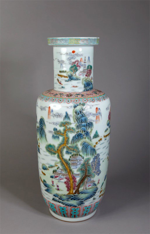 CHINESE FAMILLE ROSE PORCELAIN BANG CHUI VASE: Large vase enameled with intricate landscape with numerous trees, figures and bats. 18.5" H x 7.375" W.