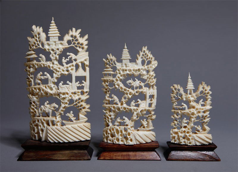 3 CHINESE CARVED IVORY VILLAGES: This item is not available for international shipping. This item will only be shipped within the United States. Three sizes, all with openwork carving of workers amid landscapes and buildings tiered.