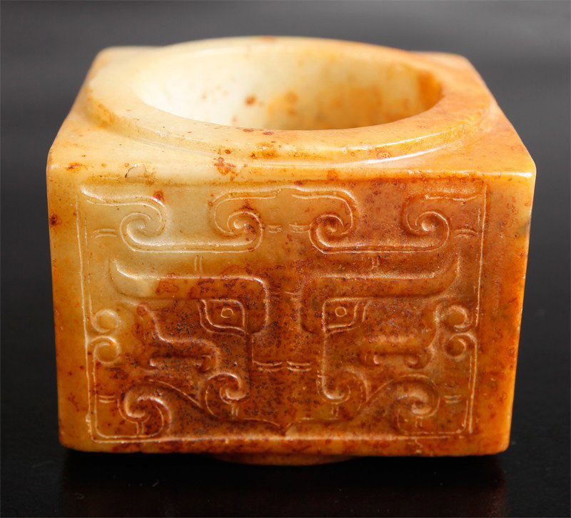 CHINESE JADE CONG: All four sides carved with masks. 2.125" H x 2.75" SQ.