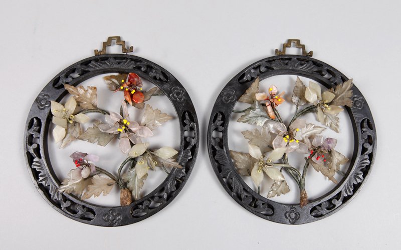 PAIR OF CHINESE EXPORT JADE HANGINGS: Each circular carved wood, with jade leaves and flowers, carnelian flowers and amethyst flowers, each with brass hanging hook at top. 6.375" DIA. Excellent condition.